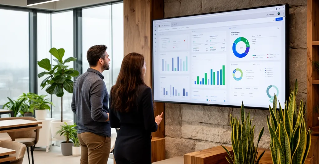 Two professionals viewing analytics dashboard on wall-mounted screen in collaborative workspace