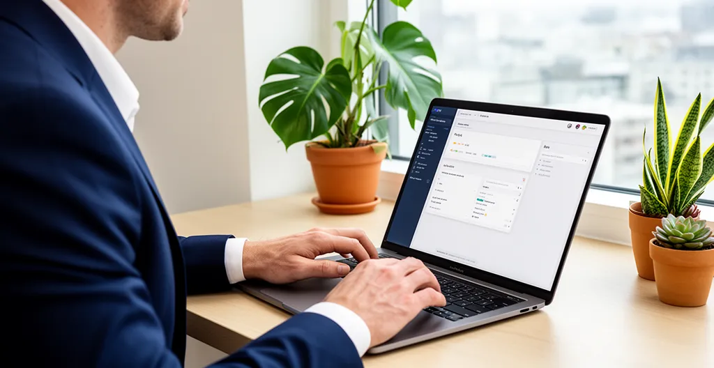 Business professional working on laptop with CRM dashboard visible on screen