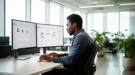 Revenue operations professional reviewing multiple performance dashboards on dual monitors in modern office