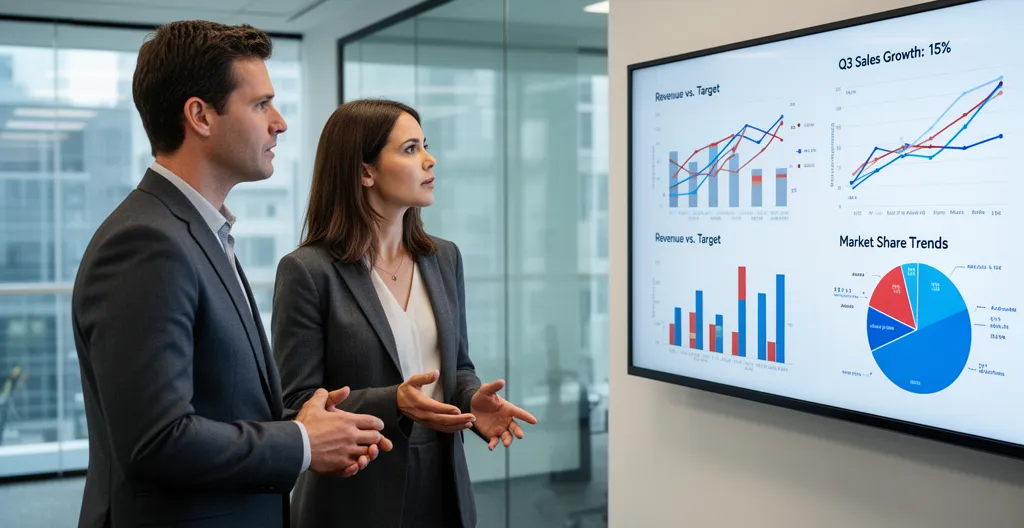 Two business professionals standing side by side discussing performance charts on wall-mounted display