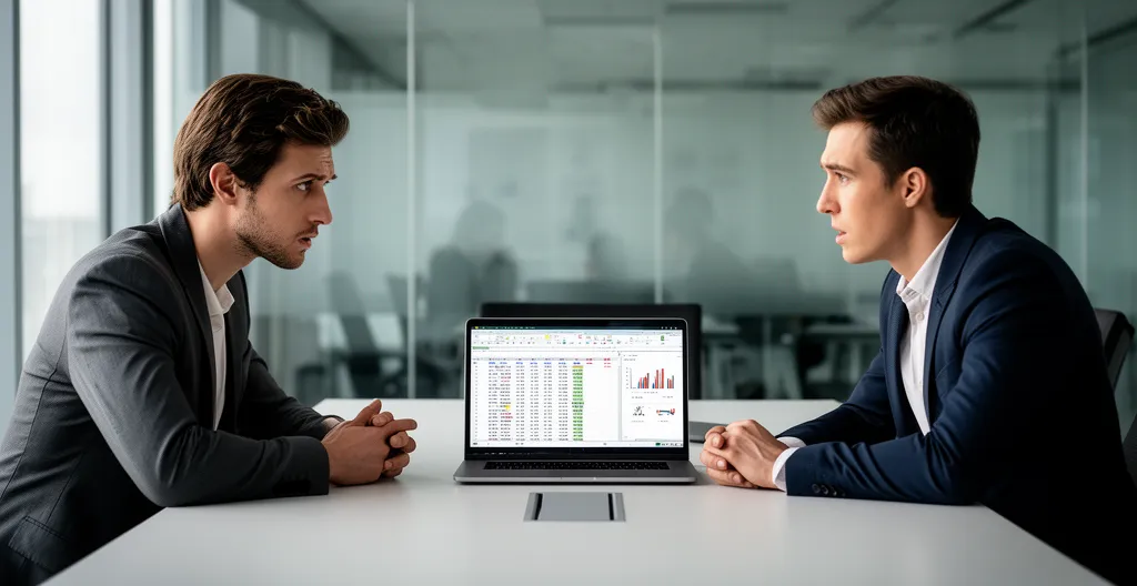Two sales professionals in discussion at conference table with laptop displaying spreadsheet